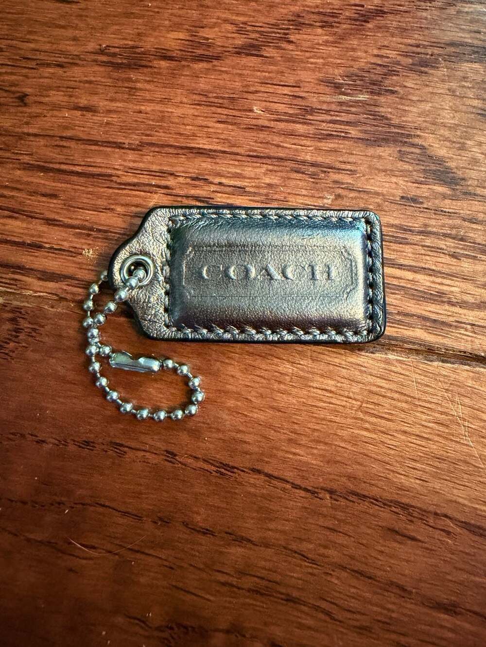 Coach Metallic pewter/gunmetal Leather Bag Charm Hang Tag Keychain Fob